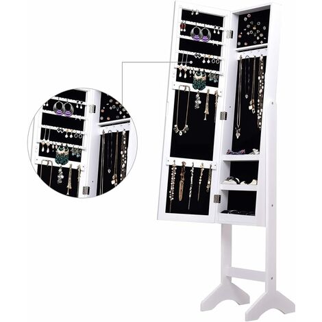 GOPLUS Armoire à Bijoux sur Pied,Miroir Plein Longueur,Foret à Résine en Surface,Stockage des Bijoux,Flanelle Noire,Blanc