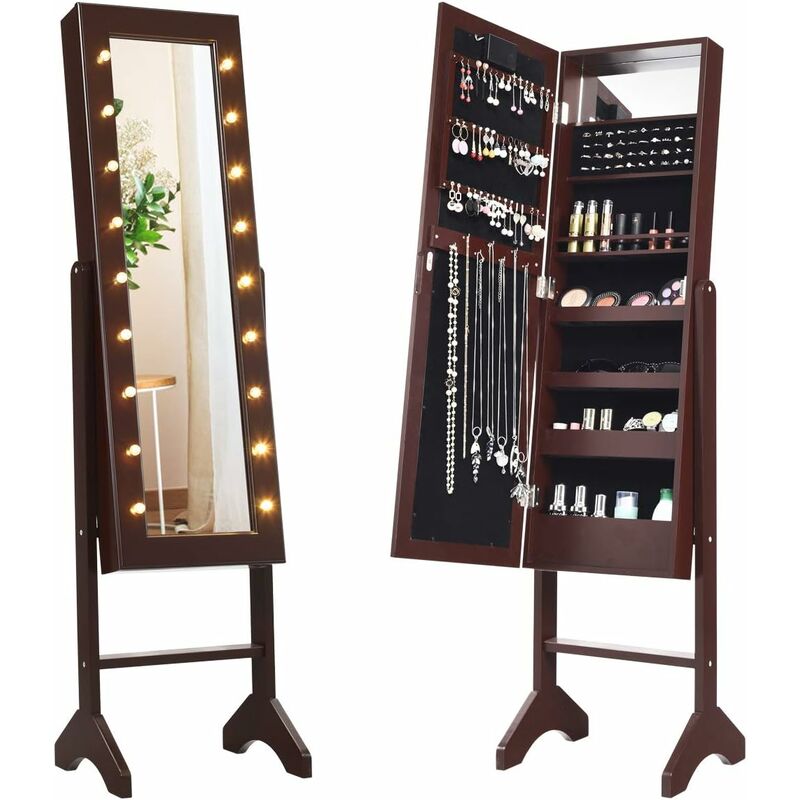 Goplus - Armoire a Bijoux sur Pied,Rangemen avec Miroir Plein Longueur & Lumieres led sur le Miroir, Autoportante Verrouillable avec Crochet de