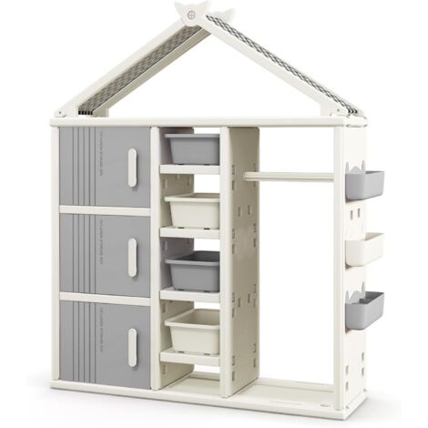 GOPLUS Armoire à Vêtements Enfant, Armoire de Rangement en Forme de Maison, avec Barre de Suspension, 3 Fentes Supérieures, 3 Paniers Réglables en Hauteur, pour Chambre d'enfant (Gris)