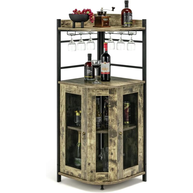 Goplus - Armoire à Vin d'angle Style Industrielle avec étagère Réglable et Porte en Maille, Meuble de Rangement avec Porte-Verre à Vin, Armoire de