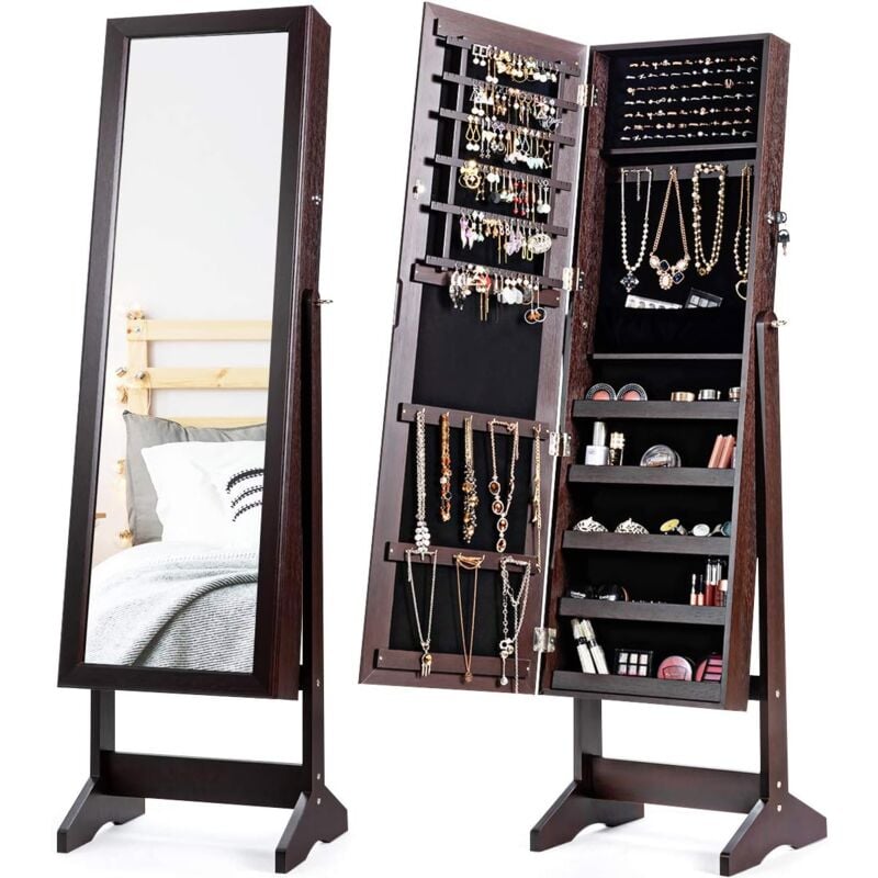 Goplus - Armoire à Bijoux avec Miroir sur Pied, 41x36,5x146 cm, Grande Capacité de Rangement avec Compartiments pour Boucles, Colliers, Maquillage,