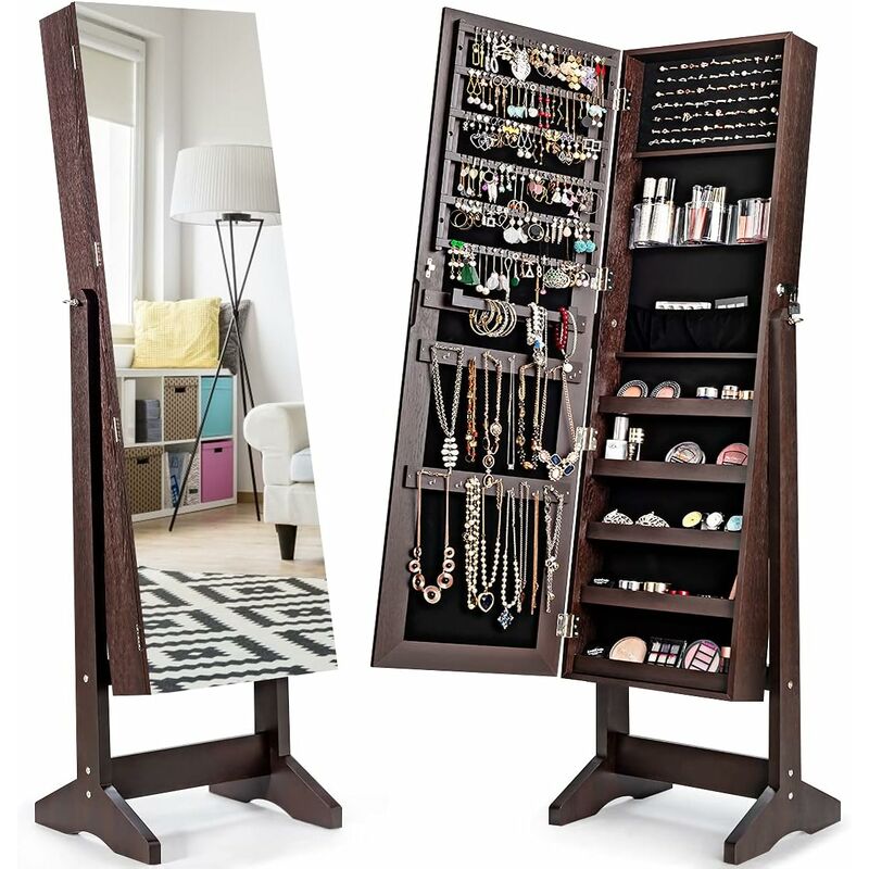 Goplus - Armoire à bijoux de sol, meuble de rangement pour bijoux verrouillable 2 en 1 avec miroir inclinable réglable et compartiments spacieux,