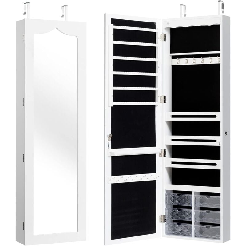 Goplus - Armoire à Bijoux Mural avec Miroir et Lumière led, Armoire de Rangement Mural, Accrochée à la Porte avec Serrure, Meuble de Rangement, Miror