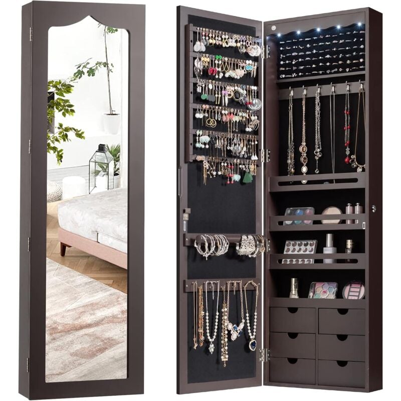 GOPLUS Armoire a Bijoux Mural avec Miroir et Lumiere LED, Armoire de Rangement Mural, Accrochee a la Porte avec Serrure, Miror Porte-Bijoux 120 x