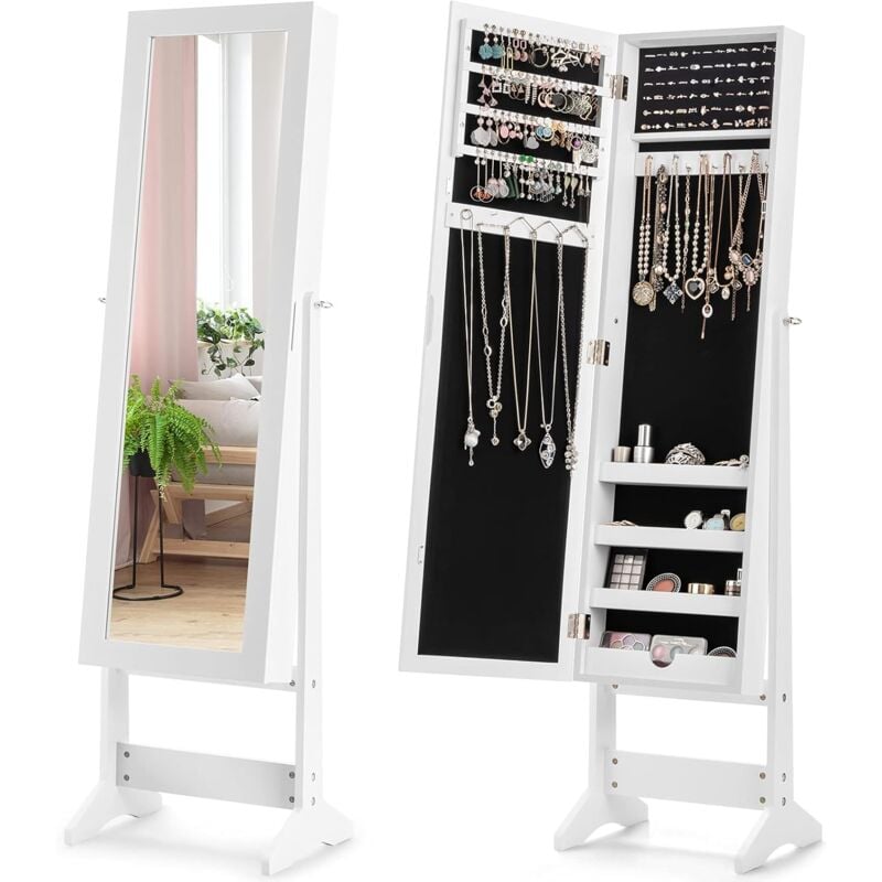 Goplus - Armoire a Bijoux sur Pied avec Miroir Inclinable en 3 Positions, Armoire de Rangement Cosmetiques de Grande Capacite avec 4 Etageres,