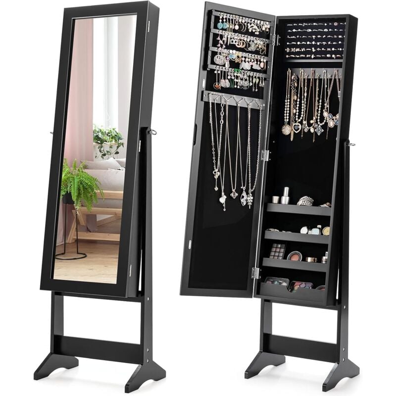Goplus - Armoire a Bijoux sur Pied avec Miroir Inclinable en 3 Positions, Armoire de Rangement Cosmetiques de Grande Capacite avec 4 Etageres,
