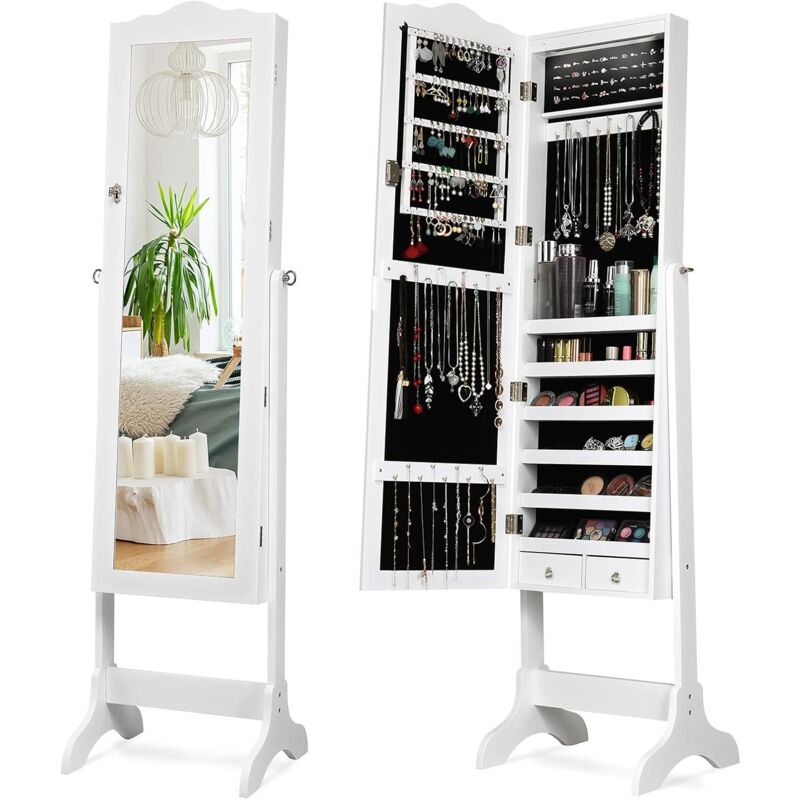 GOPLUS Armoire à Bijoux sur Pied avec Miroir, Meuble à Bijoux de Dessus d’Arc avec 14 Lumières LED, 6 ?tagères de Rangement, Verrouillable en Bois