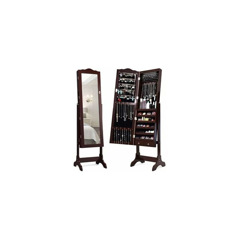 Goplus - Armoire a Bijoux sur Pied avec Miroir, Meuble a Bijoux de Dessus d'Arc avec 14 Lumieres led, 6 Etageres de Rangement, Verrouillable en Bois