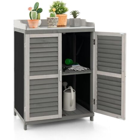Goplus – Armoire de jardin en bois de sapin 67x46x99,5 cm – Double porte à persiennes – Tablette en métal – Rideaux latéraux en PVC et Oxford