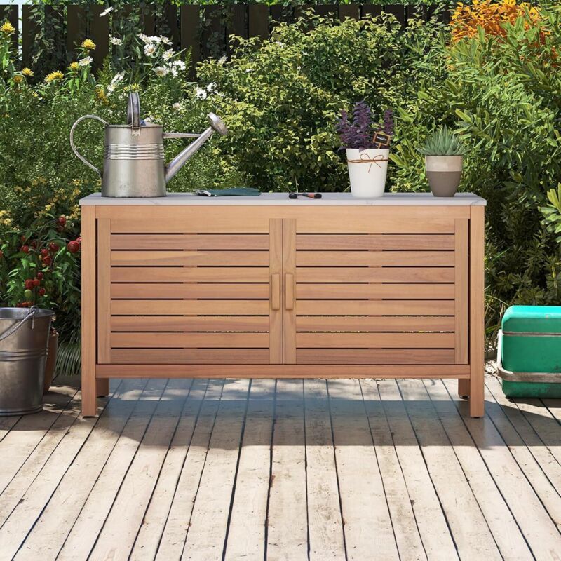 GOPLUS Armoire de Jardin Exterieur en Bois d'Acacia avec Plateau Faux Marbre, Coffre de Jardin Exterieur Plan de Jardinage Travail Abri d'Outils pour