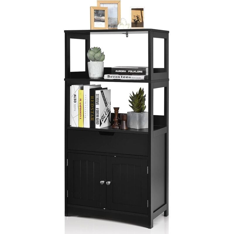 Goplus - Meuble de Salle de Bain avec Tiroir et 2 Etagère, Meuble de Rangement en Bois du Style Minimaliste Moderne, pour Cuisine, Salon, Salle de