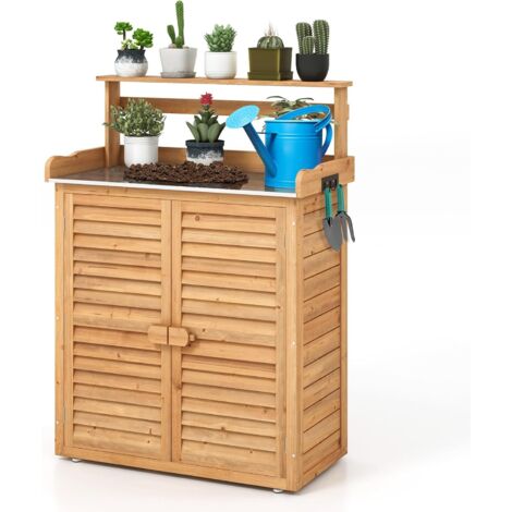 Goplus – Armoire de rangement de jardin en bois de sapin – Plateau en métal galvanisé – Étagères amovibles – 3 crochets latéraux – Double porte – 87 x 45 x 120 cm