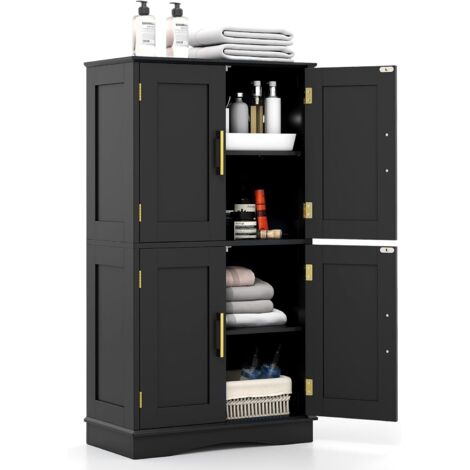 GOPLUS Armoire de Rangement de Salle de Bain, Armoire sur Sol avec 4 Portes, 2 Étagères Réglables et Détachables, 2 Kits Anti-basculement, Autoportant pour Cuisine, Salon, 60 x 30 x 110 CM (Noir)
