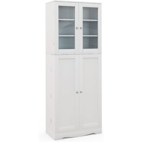 Goplus – Armoire de rangement haute 60x31,5x161,5 cm – 2 placards, 10 compartiments, 4 étagères – MDF et verre trempé – Dispositif anti-basculement – Blanc