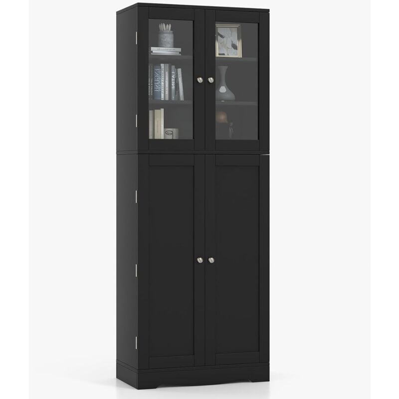 Armoire de Rangement Haute, avec Placard à Portes en Verre Trempé, étagères de Porte de Dispositif Anti-basculement, Noir - Goplus