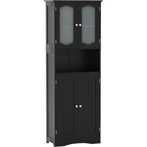 GOPLUS Armoire de Rangement Haute, Meuble Rangement de Salle de Bain avec Portes en Verre Trempé, Etagères Réglables, 2/3 Compartiments Ouverts, pour Salle de Bain, Cuisine (60x30x164cm,Noir)