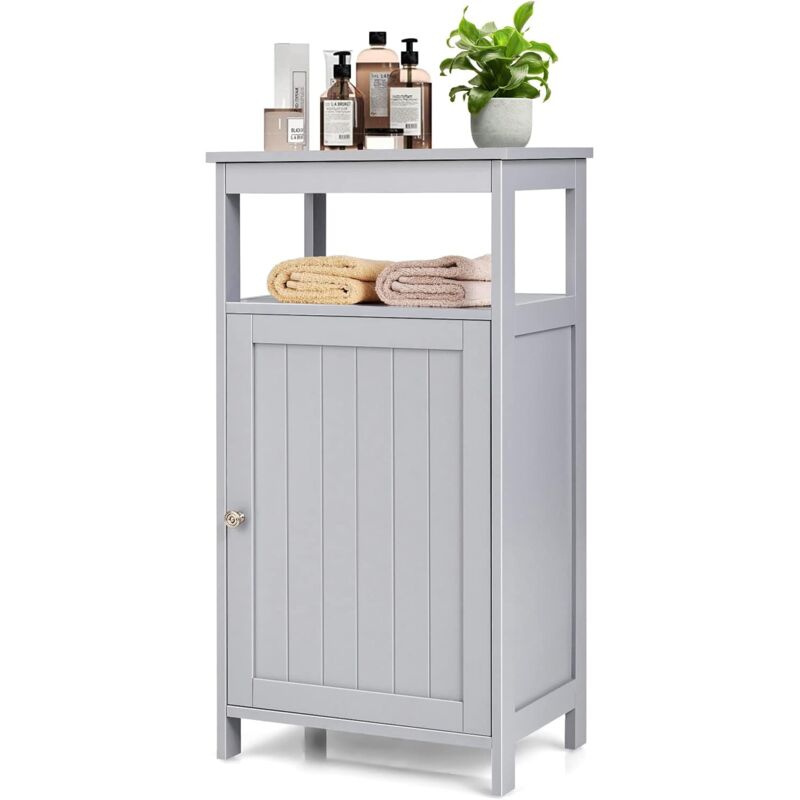 GOPLUS Armoire de Rangement Salle de Bain, Etagere avec Compartiment Ouvert et Casier, 2 Etageres Internes a Hauteur Reglable, Armoire Surelevee