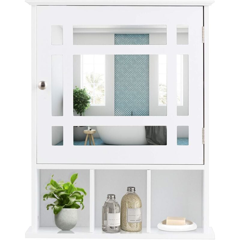Goplus - Armoire de Salle de Bain Murale, Armoire de Toilette Suspendue avec Miroir, Porte, 3 Compartiments et 1 Couche Ajustable pour Salle de Bain,