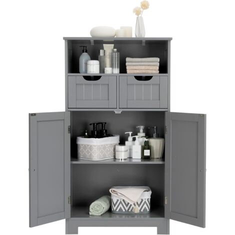 Goplus – Armoire de salle de bain sur pied 60 x 30 x 109 cm – 2 tiroirs réglables – Planche mobile – MDF résistant à l'humidité – Gris