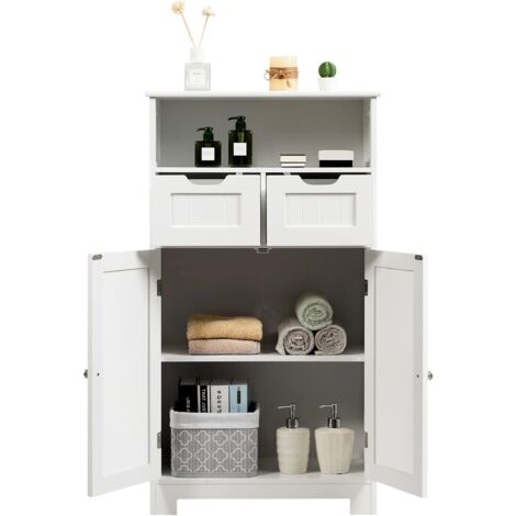 GOPLUS Armoire de Salle de Bain sur Pied avec Planche Mobile et 2 Tiroirs Reglables,Meuble de Rangement sur Pied a 2 Portes pour Cuisine,Salon,Salle de Bain,60 X 30 X 109CM (Blanc)