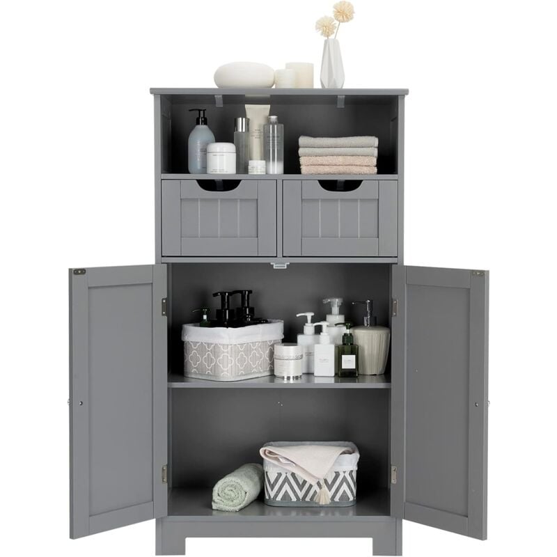GOPLUS Armoire de Salle de Bain sur Pied avec Planche Mobile et 2 Tiroirs Reglables,Meuble de Rangement sur Pied a 2 Portes pour Cuisine,Salon,Salle