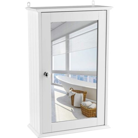 GOPLUS Armoire de Toilette Murale Meuble Mural Salle de Bain en MDF Pente NC avec 1 Porte et Miroir Etagere de Rangement Blanche 34 x 15 x 53 cm