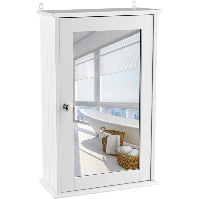 Goplus - Armoire de Toilette Murale Meuble Mural Salle de Bain en mdf Pente nc avec 1 Porte et Miroir Etagere de Rangement Blanche 34 x 15 x 53 cm