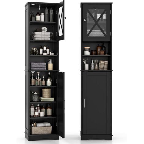 GOPLUS Armoire Haut de Rangement de Salle de Bain, Porte en Acrylique et Étagères Réglables, 2 Compartiments Ouverts, Meuble Rangement pour Salle de Bain, Salon, 40 x 30 x 170,5cm (Noir)