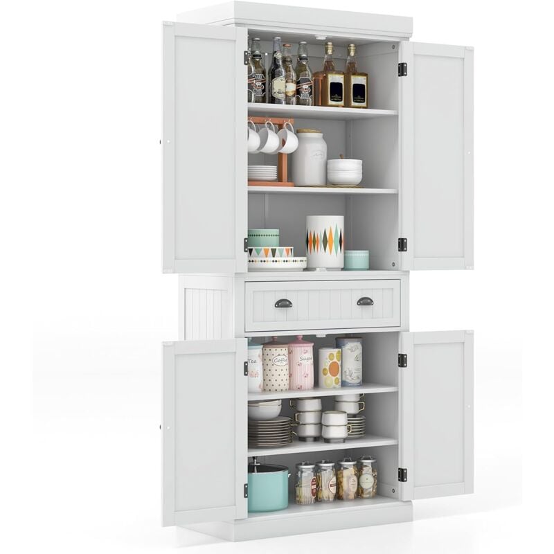 Goplus - Buffet Haut de Cuisine avec 4 Portes et 2 Tiroirs 76x40x183CM-Étagères Réglables pour Salle à Manger/Cuisine Blanc