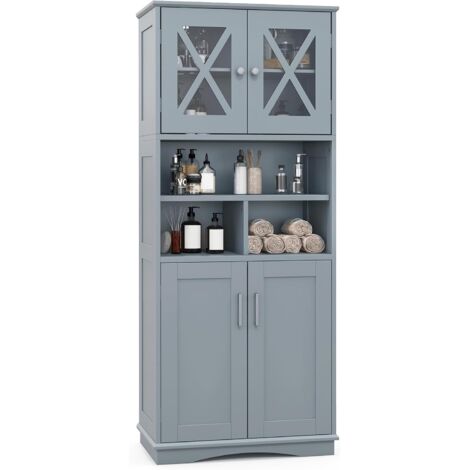 Goplus – Armoire haute de salle de bain 60 x 30 x 145 cm – 2 portes – Étagères réglables – MDF et acrylique gris – Système anti-basculement