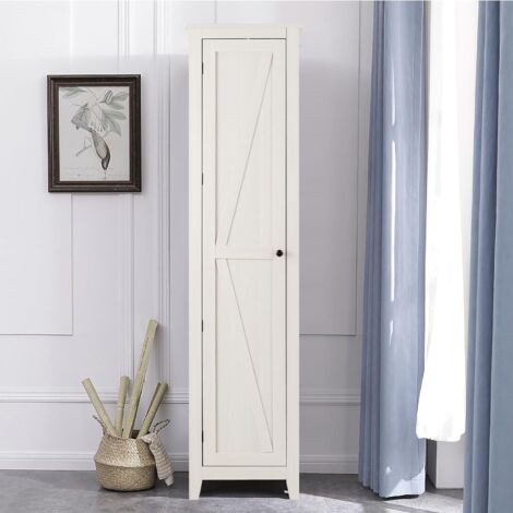 GOPLUS Armoire Haute et Étroite 180CM, Étagère avec 4 Compartiments et Porte, Placard Mince Salle de Bains Salon et Chambre, Gain de Place, Grand Espace de Rangement, 43 X 19,5 X 183 CM (Blanc)