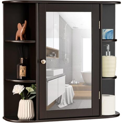 GOPLUS Armoire Murale pour Salle de Bain avec Grande Espace de Stockage, Porte avec Miroir, Materiaux Ecologiques, Plusieurs Tablettes de Differentes Tailles, 65 x 17 x 63CM (Marron)