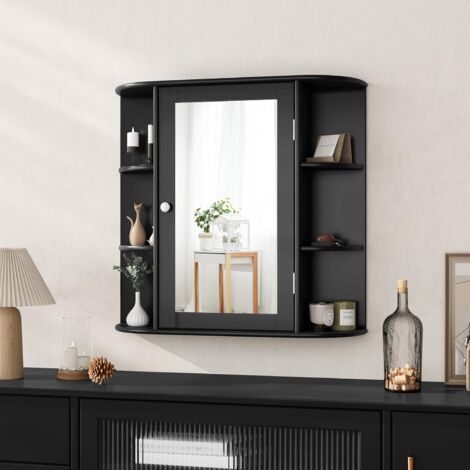 GOPLUS Armoire Murale pour Salle de Bain avec Grande Espace de Stockage, Porte avec Miroir, Matériaux Ecologiques, Plusieurs Tablettes de Différentes Tailles (65x17x63cm,Noir)