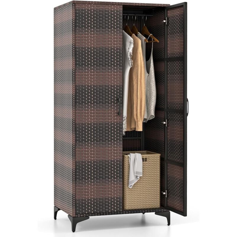 Goplus - Armoire Penderie en Osier avec 4 Cubes de Rangement, Tige de Suspension, Conception en Rotin pe, Armoire de Rangement Intérieur Extérieur,