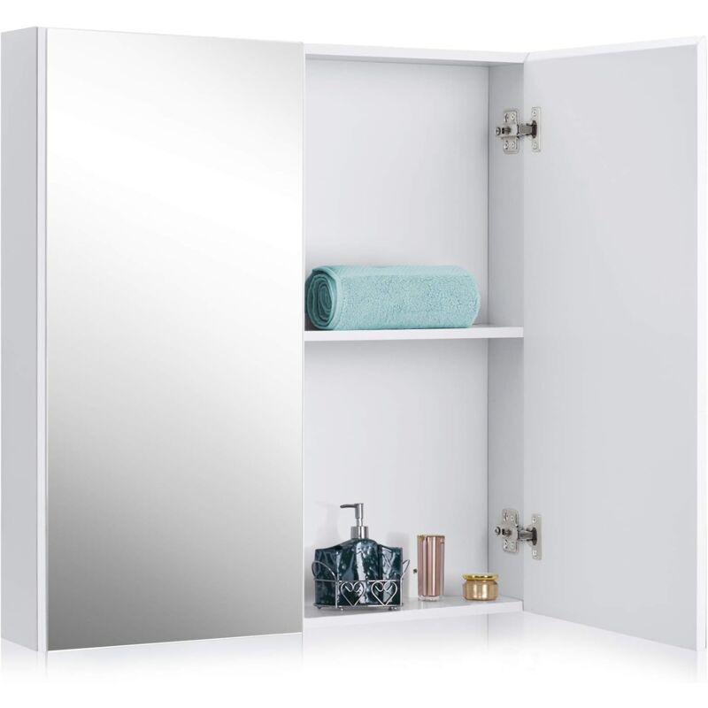 Goplus - Armoire Toilette avec Miroir Murale, Double Porte avec 2 Etagères, Meuble à Miroir de Salle de Bain en Bois mdf, 62X11,3X65CM, Blanc