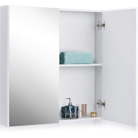 GOPLUS Armoire Toilette avec Miroir Murale, Double Porte avec 2 Etageres, Meuble a Miroir de Salle de Bain en Bois MDF, 62X11,3X65CM, Blanche