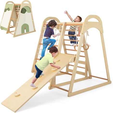 GOPLUS Arrampicata per Bambini Multifunzionale, con Scivolo Rete Arrampicata Parete Arrampicata Scale Barre Anelli da Ginnastica e Tenda Rimovibile, per Bambini 1+ Anni, 115 x 108 x 127 cm