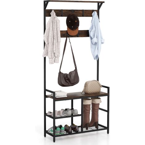 GOPLUS Attaccapanni d'Ingresso 3-in-1, Appendiabiti con Panca Scarpiera, 9 Ganci Rimovibili, Telaio in Metallo Robusto, per Ingresso, Soggiorno, Camera da letto