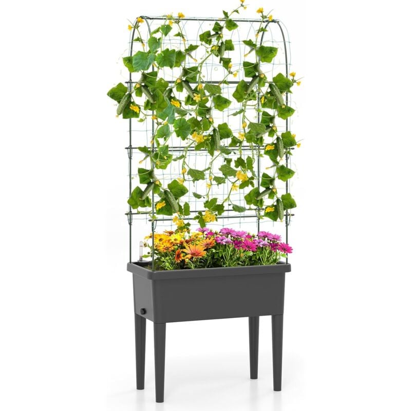 GOPLUS Bac à Fleurs Surélevé avec Treillis, Arrosage Automatique, Réservoir d'eau, Pieds amovibles, 76 x 37 x 189 cm
