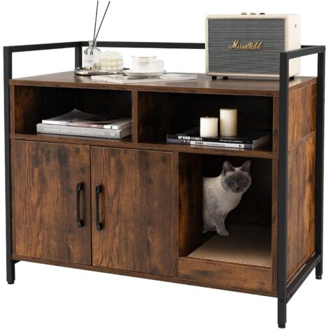 Goplus – Bac à litière pour chat en bois et métal – Dimensions 89 x 45 x 74,5 cm – Avec planche à gratter et étagère de rangement – Couleur marron