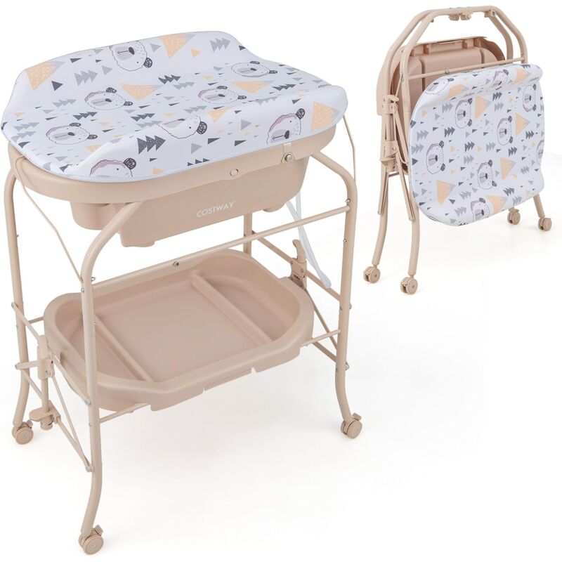 Goplus - Baignoire bébé pliable, Table à Langer avec rangement à roulettes, pour 0-12 mois, Beige