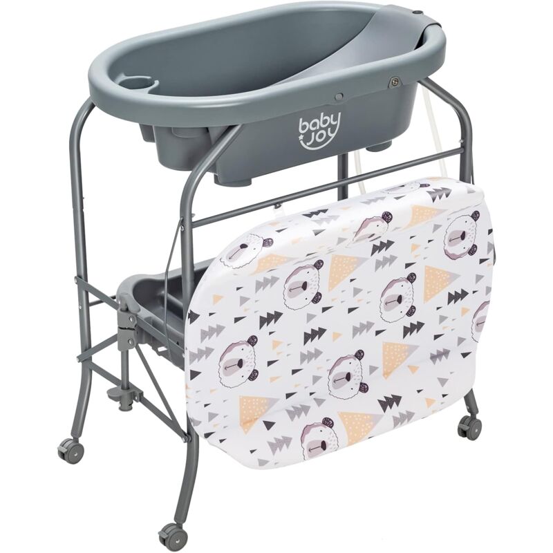 Goplus - Baignoire bébé pliable, Table à Langer avec rangement à roulettes, pour 0-12 mois, Gris