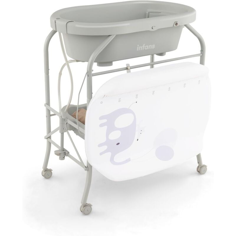 Goplus - Baignoire bébé pliable, Table à Langer avec rangement à roulettes, pour 0-12 mois, Gris clair