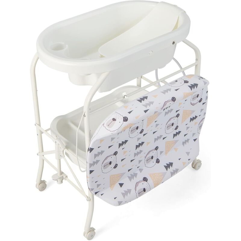 GOPLUS Baignoire Pliable Bébé 4 en 1, Baignoire Bebe sur Pied, avec Panier de Rangement et Roues Verrouillables, Charge 35 KG, Table a Langer avec