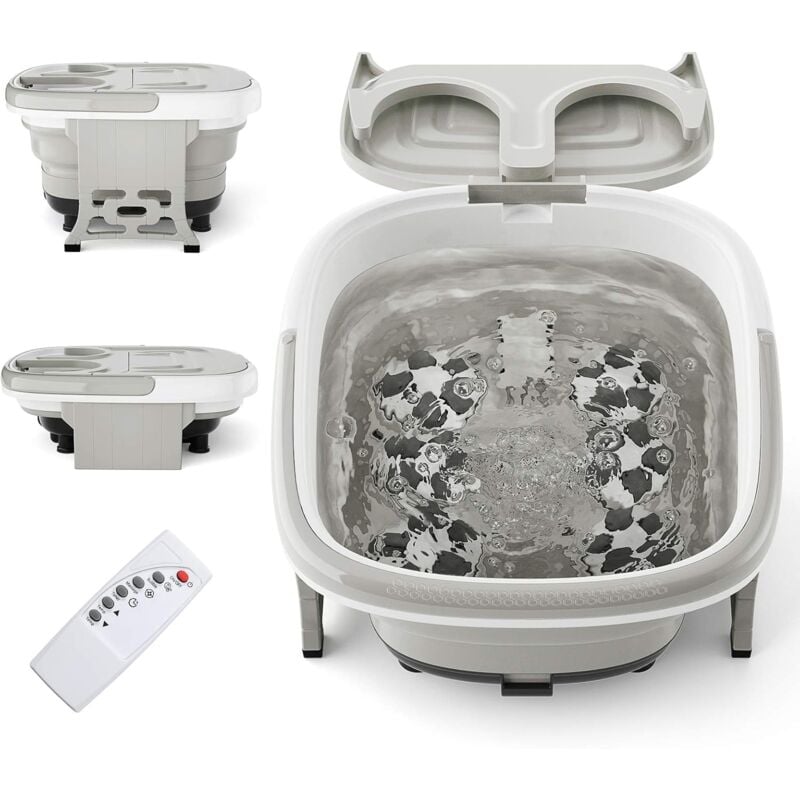 Bain de Pieds Relaxant Pliable avec Vibration des Bulles et Lumiere Rouge, Temperature et Temps Ajustable, Masseur de Bain de Pieds avec Rouleaux de