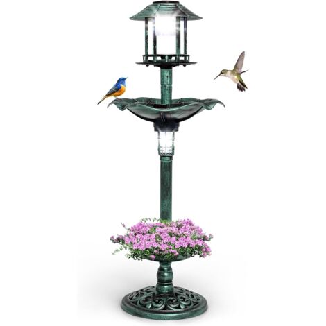 Goplus – Bain d'oiseaux sur pied solaire – Mangeoire extérieure avec 2 lampes solaires – Bol en forme de feuille de lys – Dimensions 43x110cm – 3 piquets