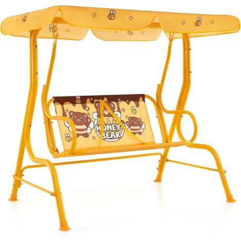 GOPLUS Balancelle de Jardin Extérieure pour Enfant, Balancelle Enfant 2 Places avec Auvent Réglable et Ceintures de Sécurité, Charge 80 KG, pour Jardin, Balcon, Terrasse (Ours Jaune)