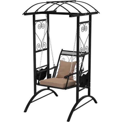 GOPLUS Balançoire de Jardin1 Personne, Balancelle Chaise Hamac Suspendue avec Toit Arqué, Coussins Doux, Hauteur Réglable, Métal avec Support pour Terrasse, Balcon (Noir,197x141x110cm)