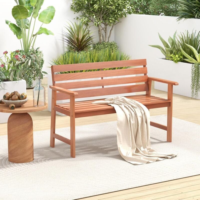 Goplus - Banc 2 Places en Bois Massif Charge 180KG-Siège à Lattes et Dossier Incliné-Accoudoirs Confortables pour Jardin/Terrasse