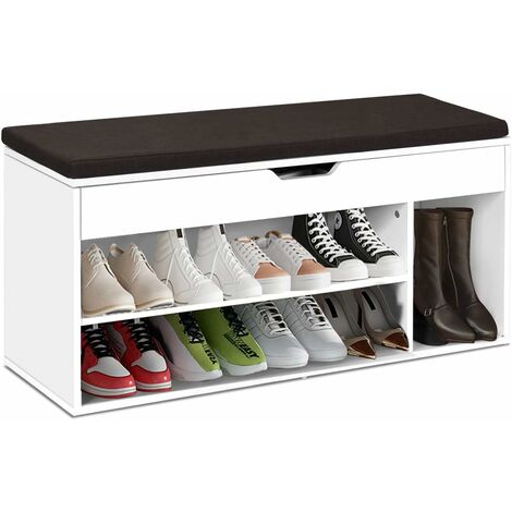GOPLUS Banc a Chaussures avec Coussin, Meuble a Chaussure Multifonctionnel en Bois, Commode a Chaussures pour Entree, 104 x 30 x 48CM, Blanc/Bois (Blanc)